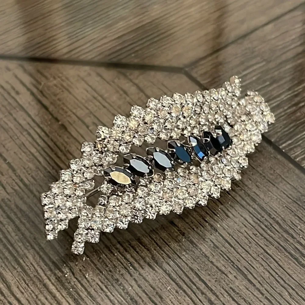 Vintage Rhinestone Clear & Gunmetal Rhinestone Brooch